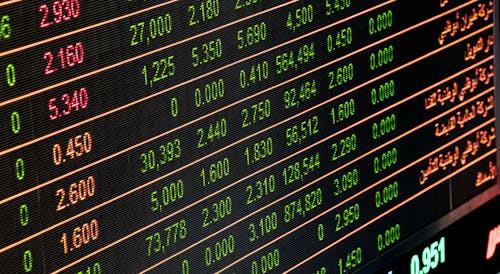 Detailed view of a stock market screen showing numbers and data, symbolizing financial trading.